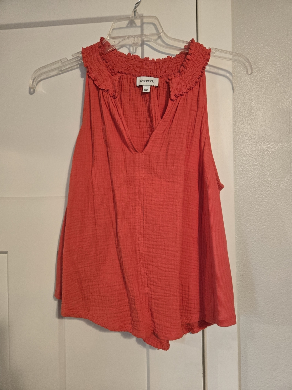 Evereve Coral-Red Ruffle Smocked Neck Sleeveless Camisole